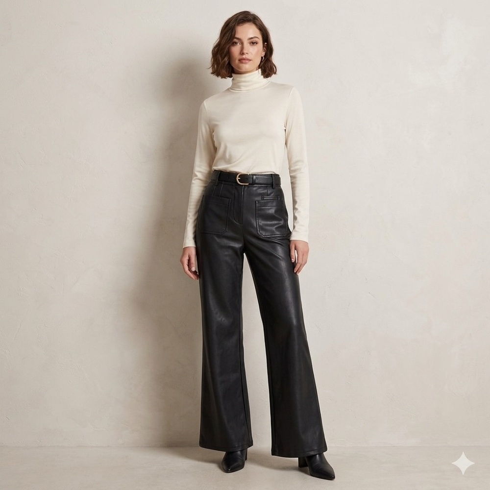 Maeve Anthropologie The Junie Jean Faux Leather Wide Leg Pants Size 27 Black